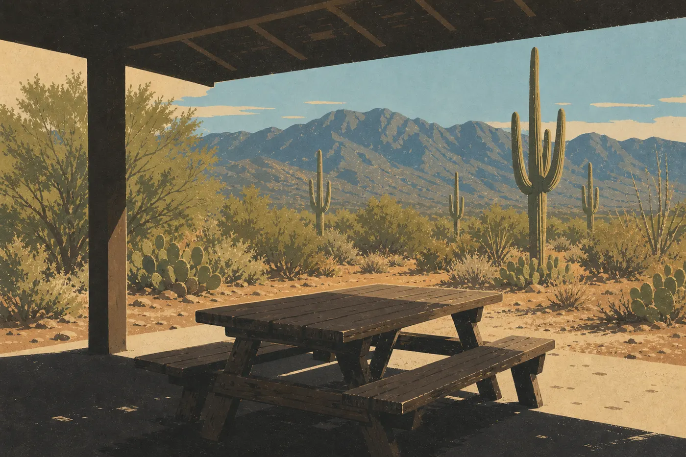 Illustration sérigraphiée : Une table sous ramada à Mica View Picnic Area fait face aux saguaros et aux Rincon Mountains.