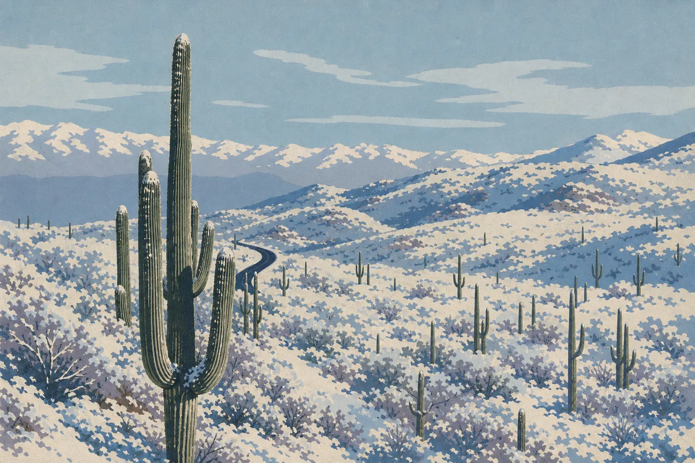 Illustration sérigraphiée : Une neige exceptionnelle poudre les saguaros et le désert au pied des Rincon Mountains.