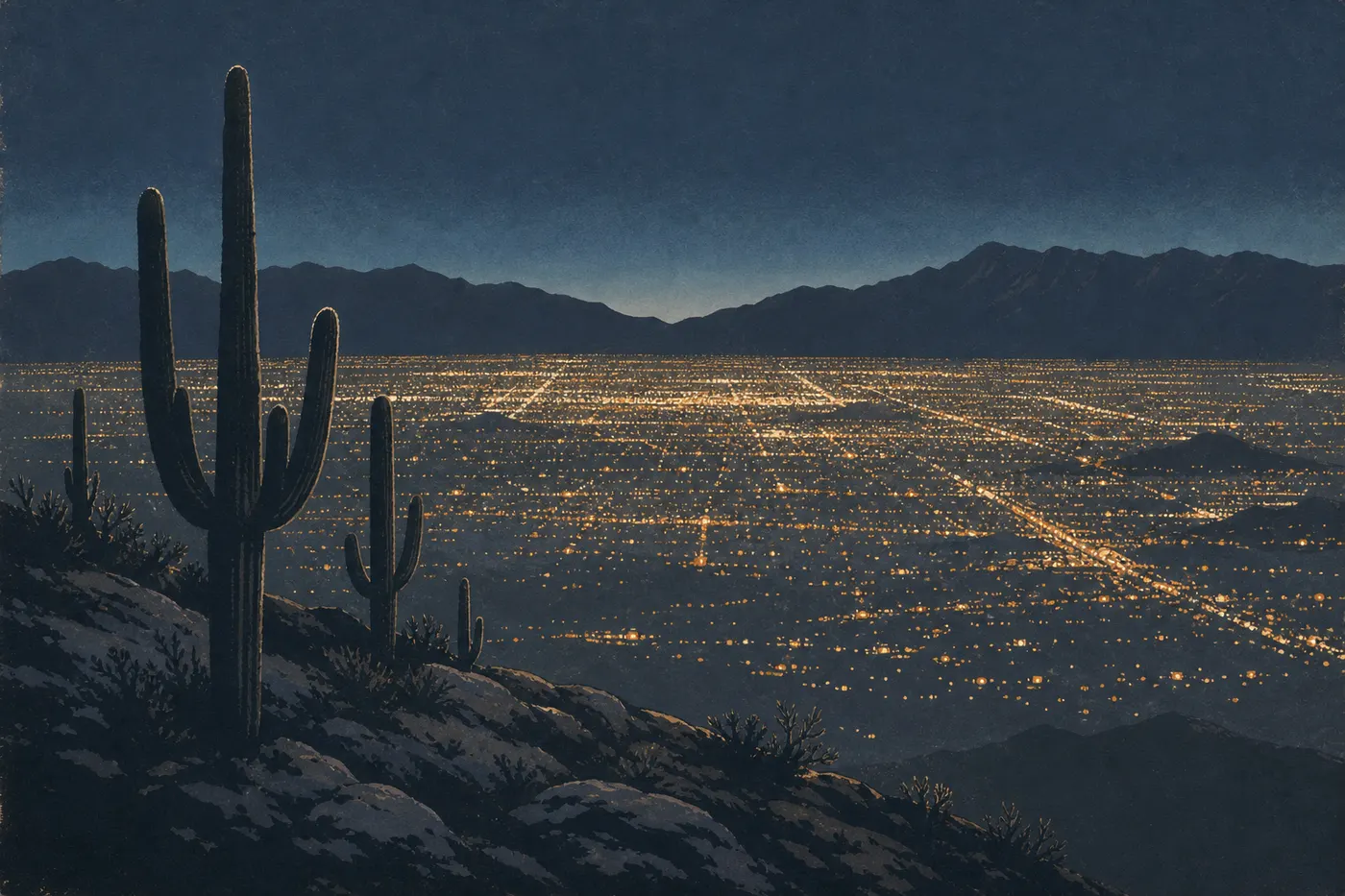 Illustration sérigraphiée : Les lumières de Tucson s’étendent entre les deux districts, vues depuis les hauteurs du parc.