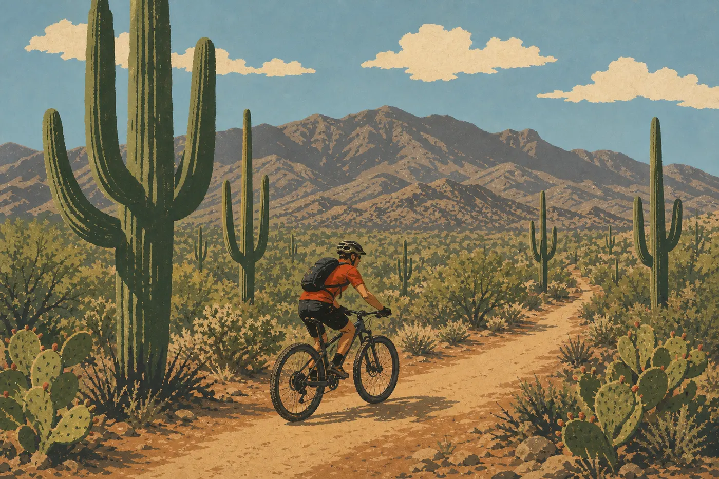 Illustration sérigraphiée : Un cycliste traverse la portion polyvalente du Cactus Forest Trail au milieu des cactus.