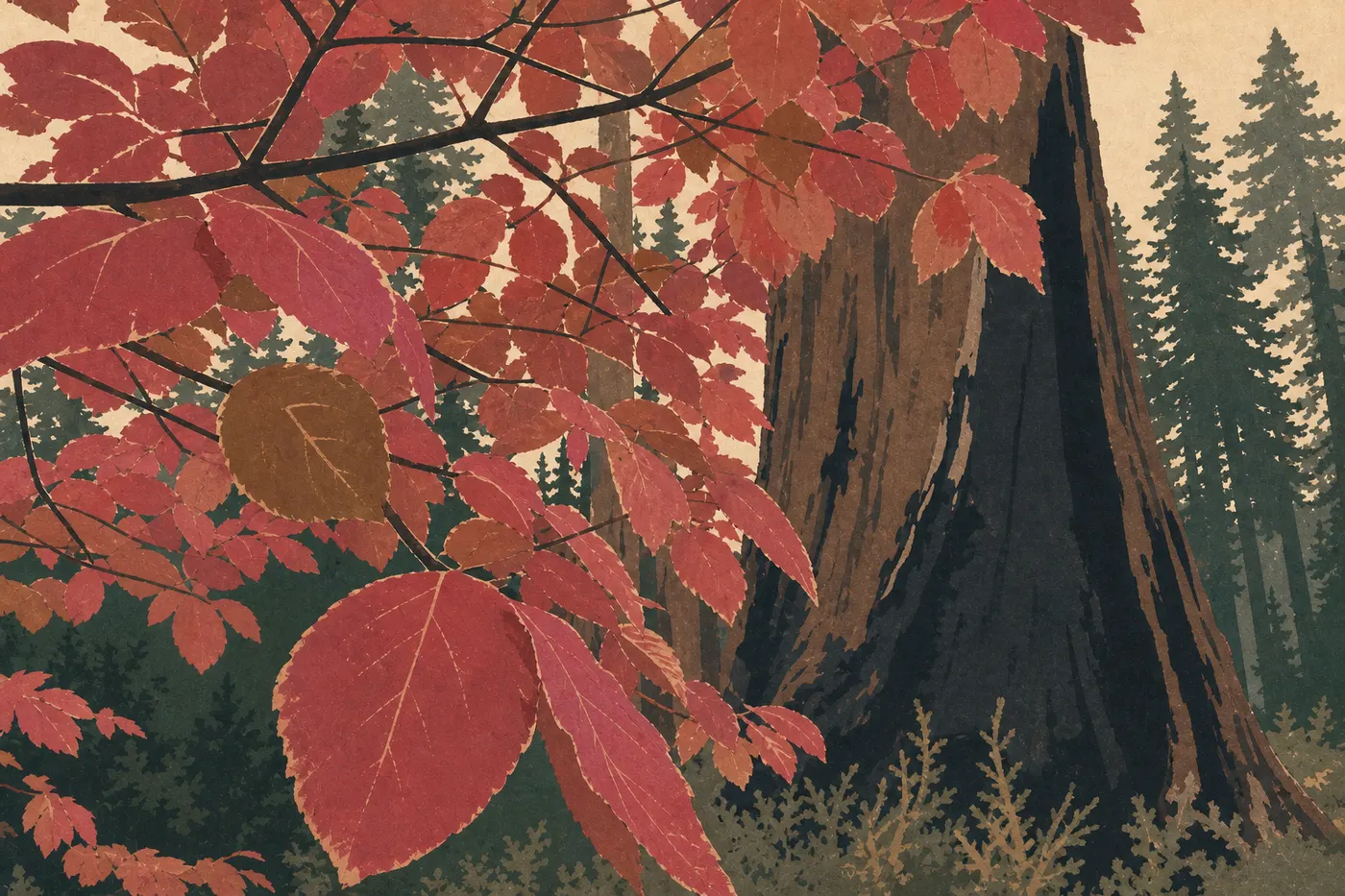 Illustration sérigraphiée : Feuillage rouge et doré des cornouillers contrastant avec les troncs de séquoias de Giant Forest.