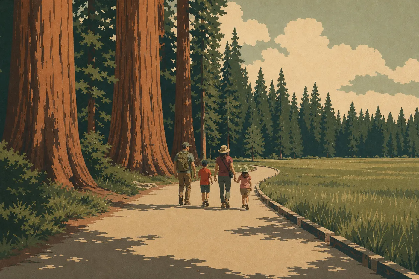 Illustration sérigraphiée : Famille avançant sur le parcours accessible de Big Trees Trail autour de Round Meadow.