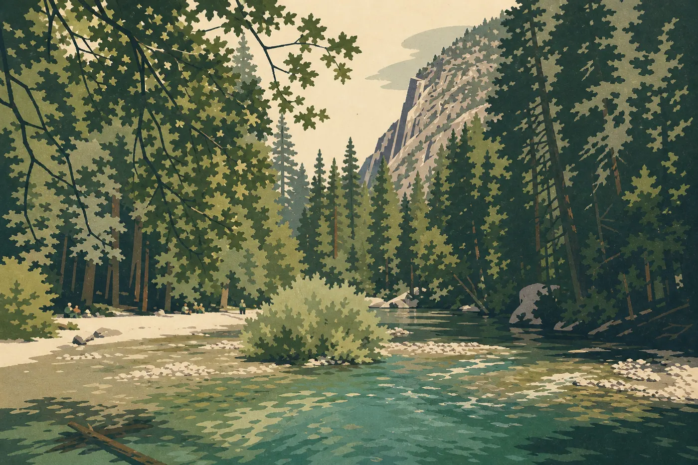 Illustration sérigraphiée : Falaises imposantes de Kings Canyon encadrant la route et la rivière près de Cedar Grove.