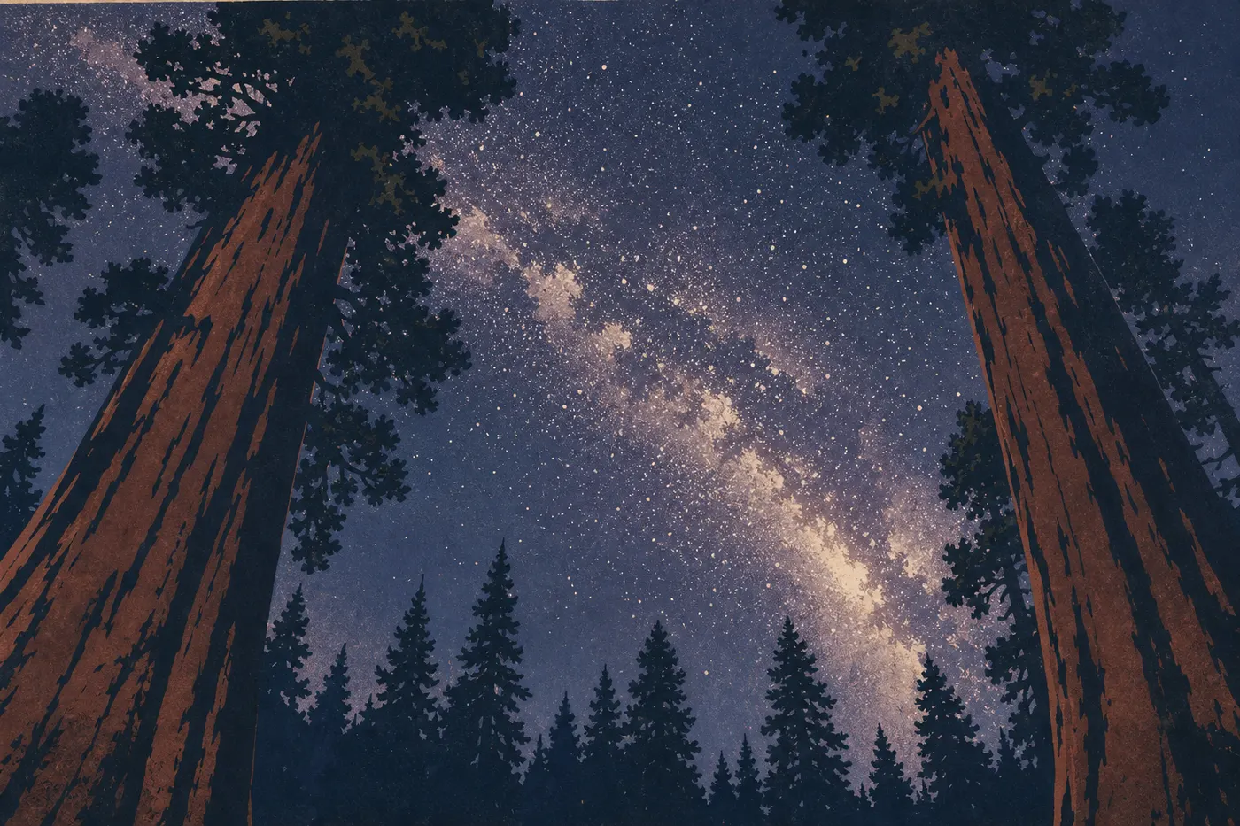Illustration sérigraphiée : Voie lactée arquée au-dessus des silhouettes de séquoias géants dans le ciel noir de Giant Forest.