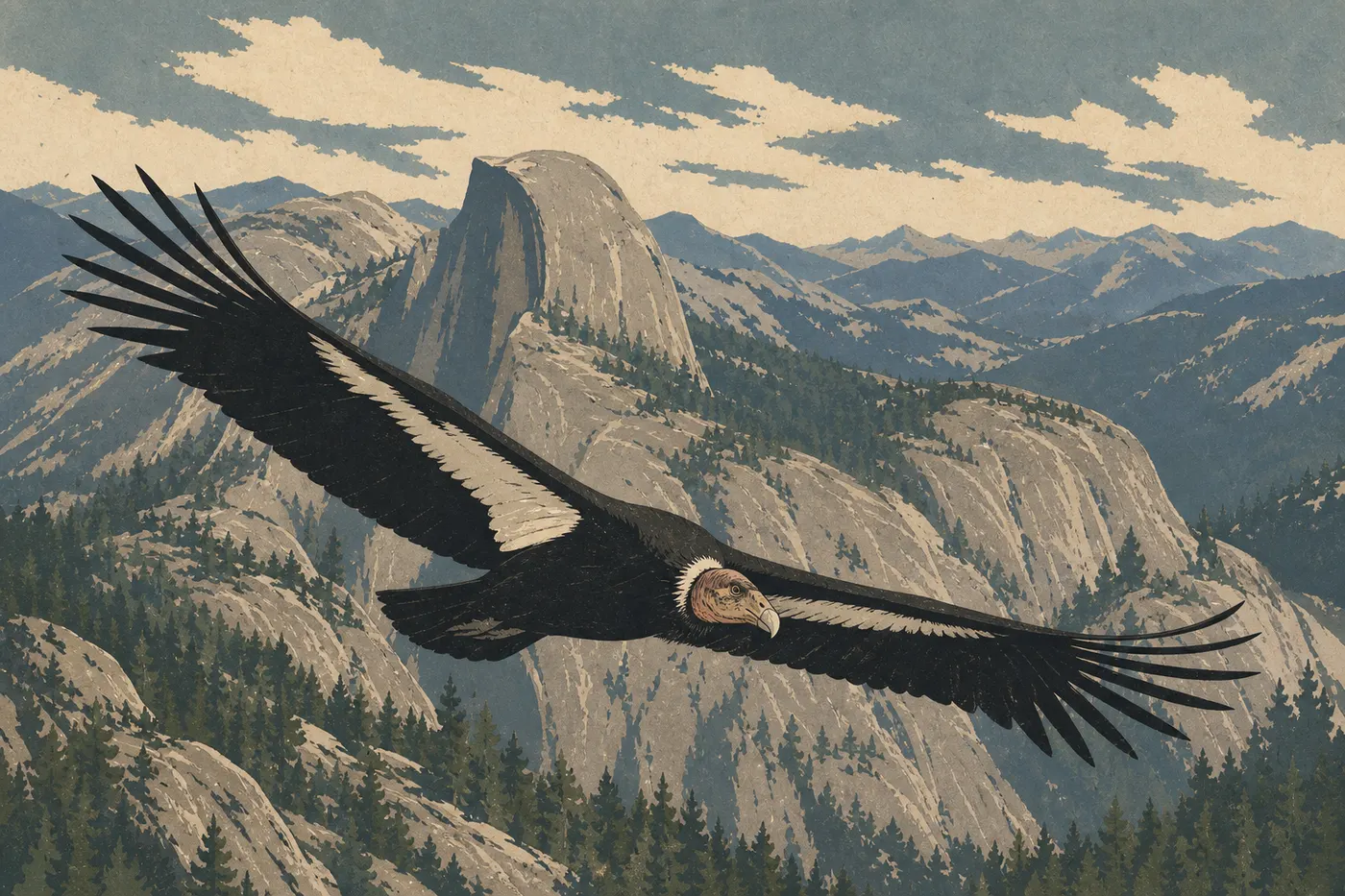 Illustration sérigraphiée : Condor de Californie planant devant les falaises granitiques et les crêtes visibles depuis Moro Rock.