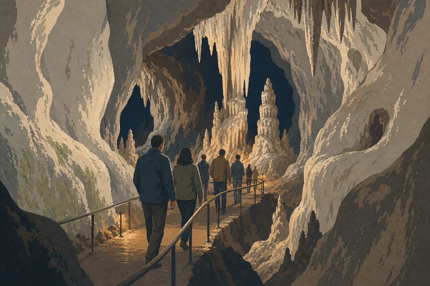 Illustration sérigraphiée : Visiteurs guidés parmi les stalactites et parois de marbre sculptées de Crystal Cave.