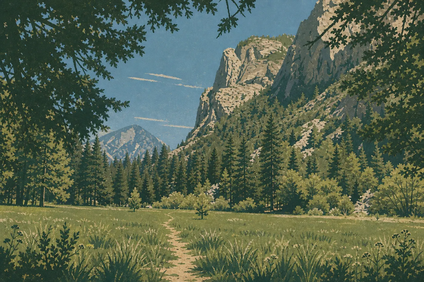 Illustration sérigraphiée : Zumwalt Meadow verdoyante traversée par son sentier, sous les falaises estivales de Kings Canyon.