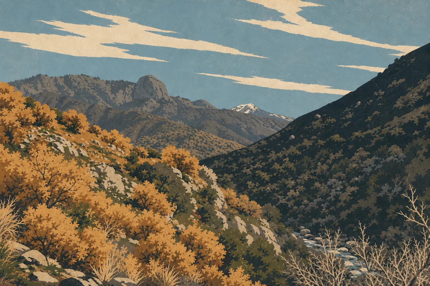 Illustration sérigraphiée : Collines dorées, chênes clairsemés et chaparral sec des Foothills près de l'entrée sud.