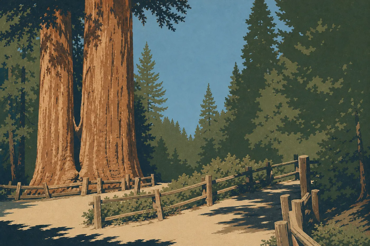 Illustration sérigraphiée : General Grant Tree vu depuis le sentier aménagé, entouré des séquoias géants de Grant Grove.