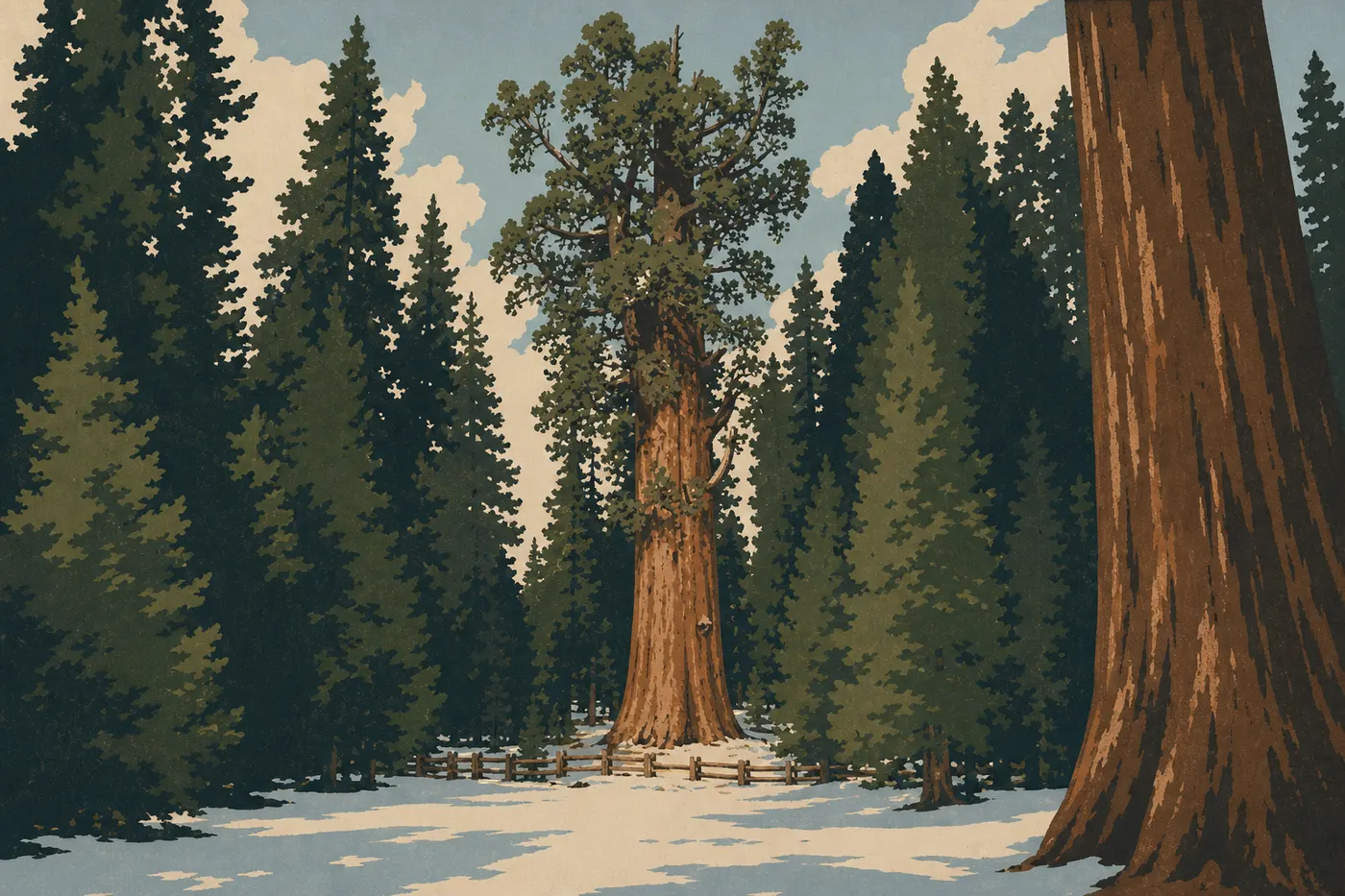 Illustration sérigraphiée : General Sherman et les séquoias de Giant Forest enveloppés de neige après une tempête hivernale.