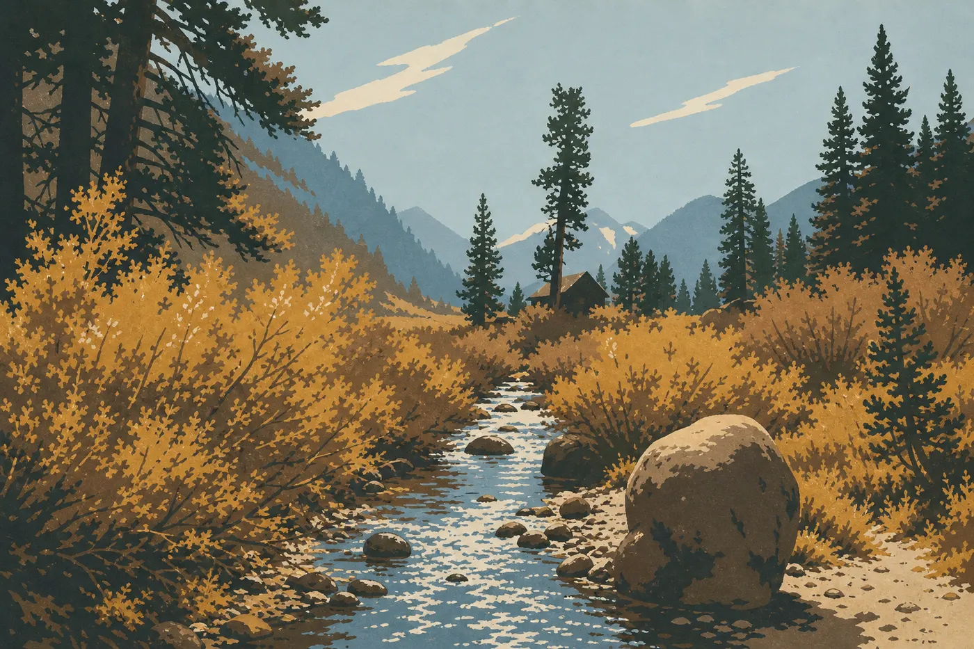 Illustration sérigraphiée : Vallon alpin de Mineral King encadré de sommets granitiques, de conifères et de prairies sauvages.