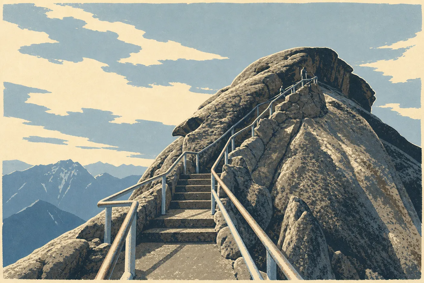 Illustration sérigraphiée : Escalier de granit de Moro Rock avec visiteurs, garde-corps et crêtes de la Sierra Nevada.