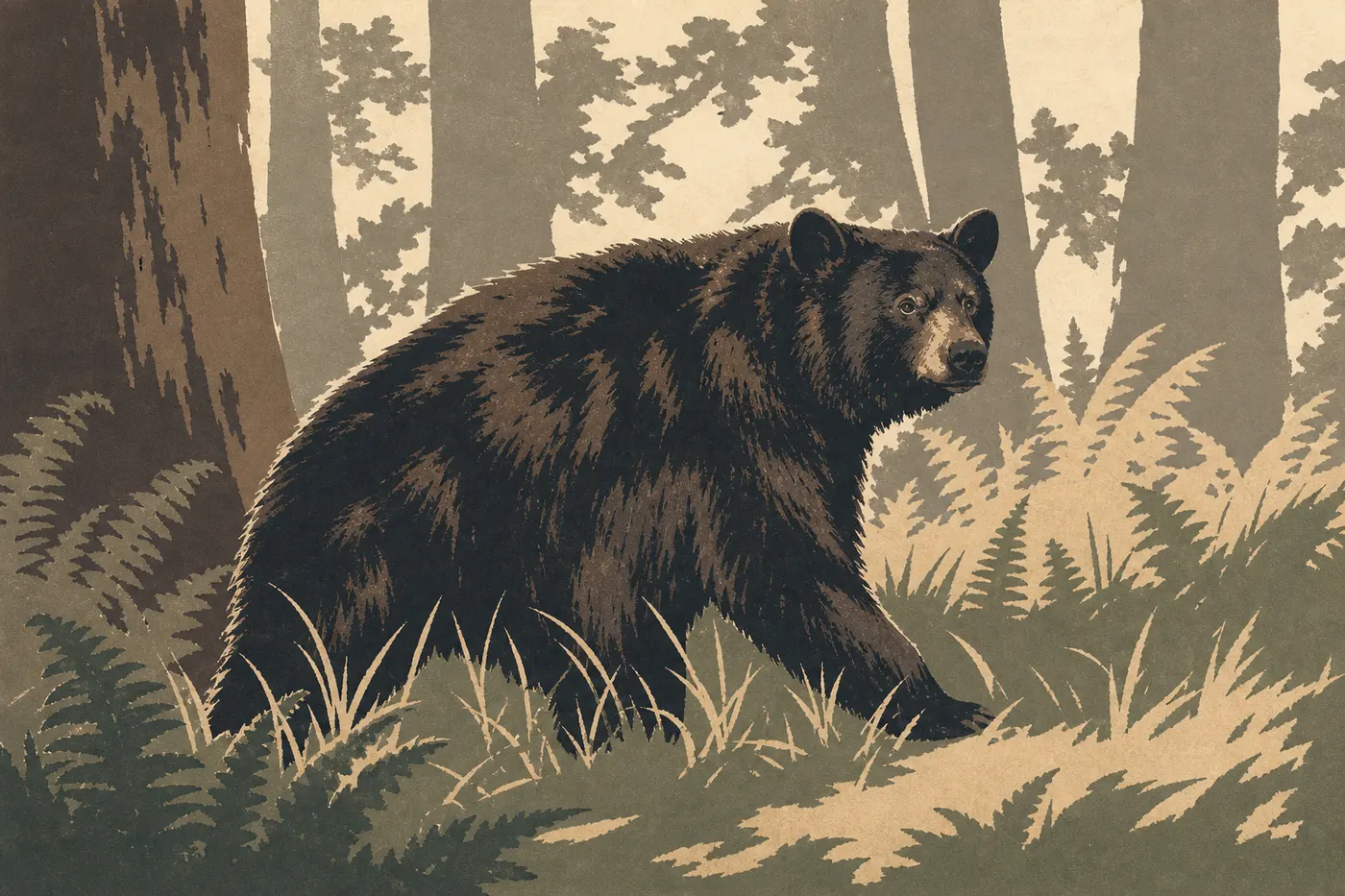 Illustration sérigraphiée : Ours noir de Sierra Nevada marchant entre fougères et troncs massifs dans une clairière forestière.