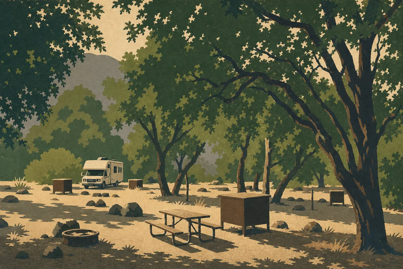 Illustration sérigraphiée : Camping-car stationné sur un emplacement de Potwisha Campground parmi chênes et collines des Foothills.