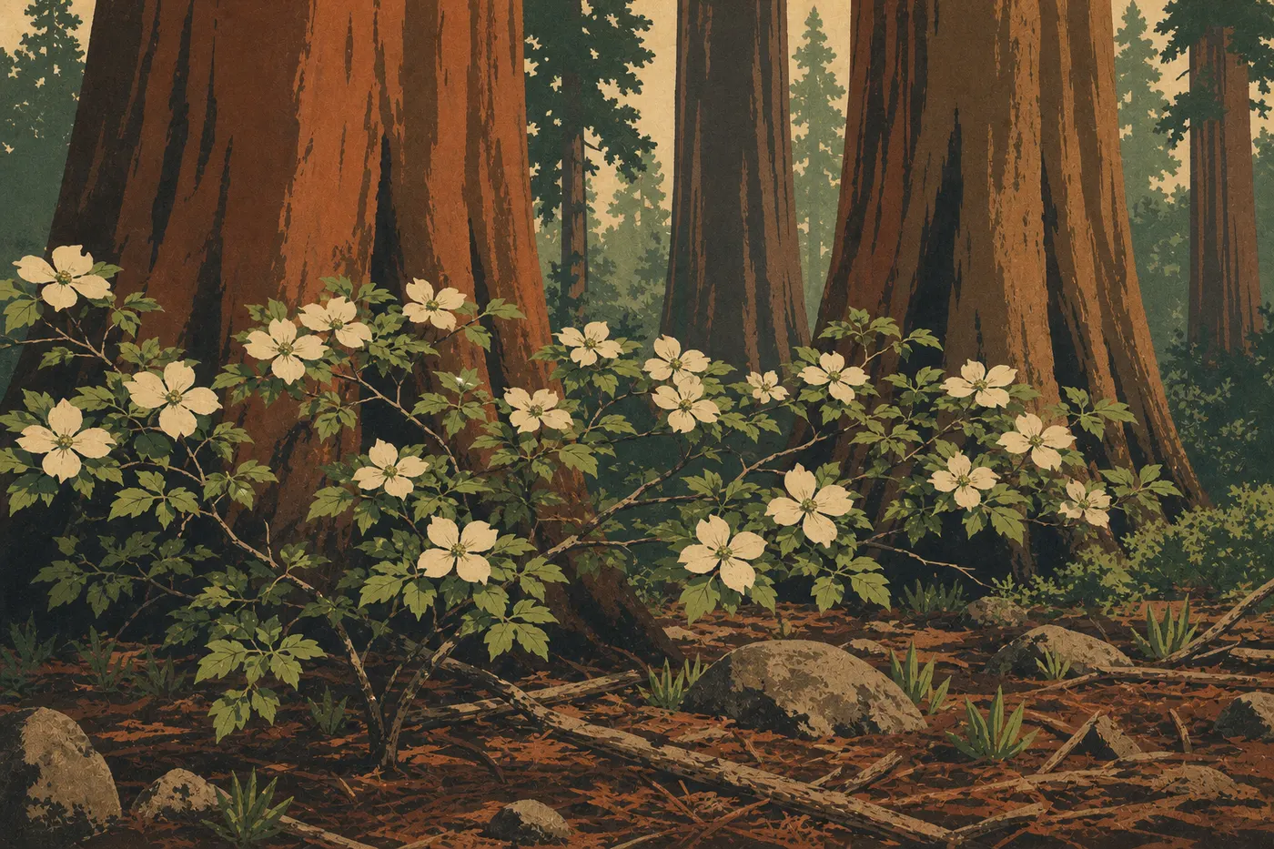 Illustration sérigraphiée : Cornouillers blancs en fleurs sous les séquoias géants de Giant Forest au cœur du printemps.