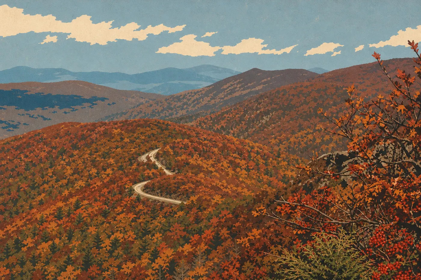 Illustration sérigraphiée : Stony Man Overlook dominant une mosaïque éclatante de feuillages rouges, orange et or en automne