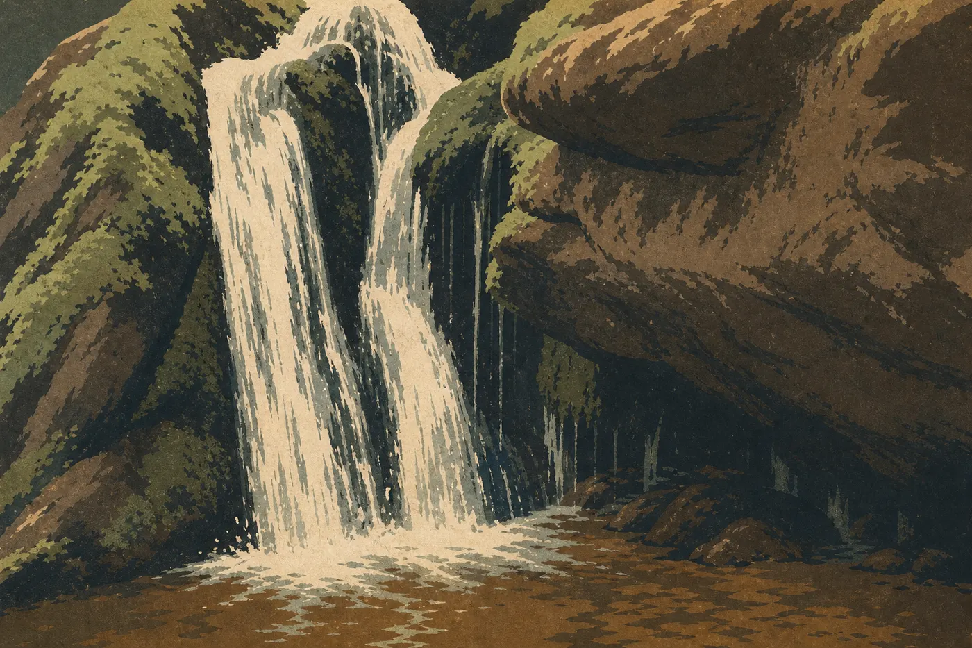 Illustration sérigraphiée : Dark Hollow Falls coulant entre rochers sombres et feuillage vert dense pendant une journée estivale