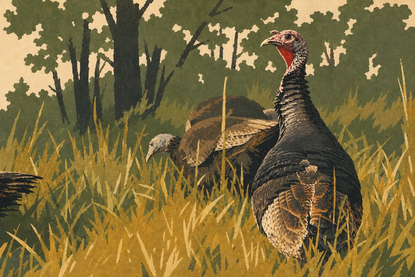 Illustration sérigraphiée : Dindon sauvage mâle avançant dans une clairière de Shenandoah, plumage sombre déployé sous les chênes
