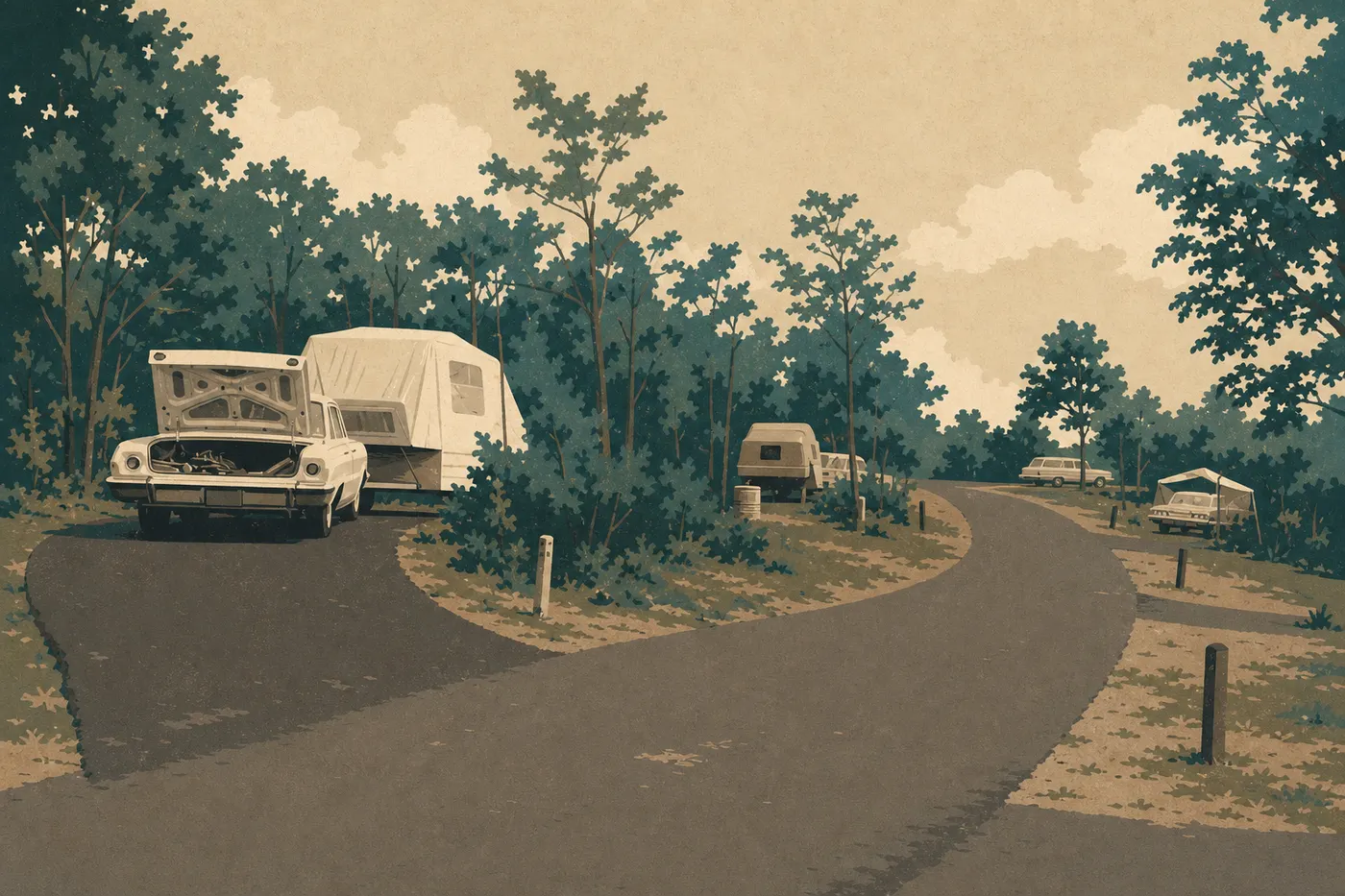 Illustration sérigraphiée : Tentes et camping-car sous les feuillus du Loft Mountain Campground près de la Skyline Drive