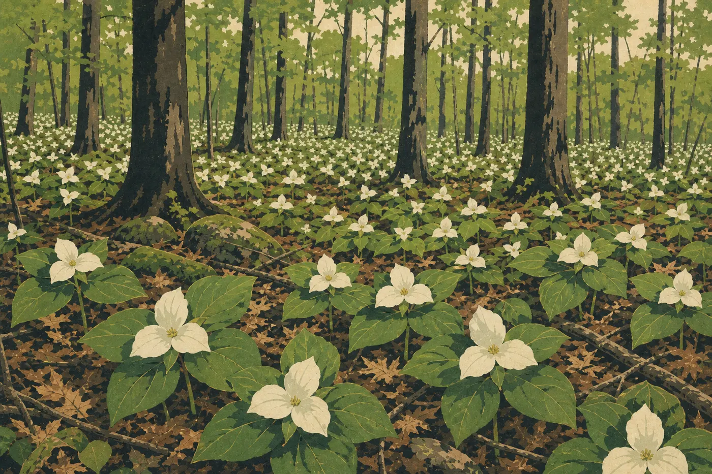 Illustration sérigraphiée : Tapis de trilliums blancs en fleurs sous la jeune canopée verte d'une forêt de Shenandoah au printemps
