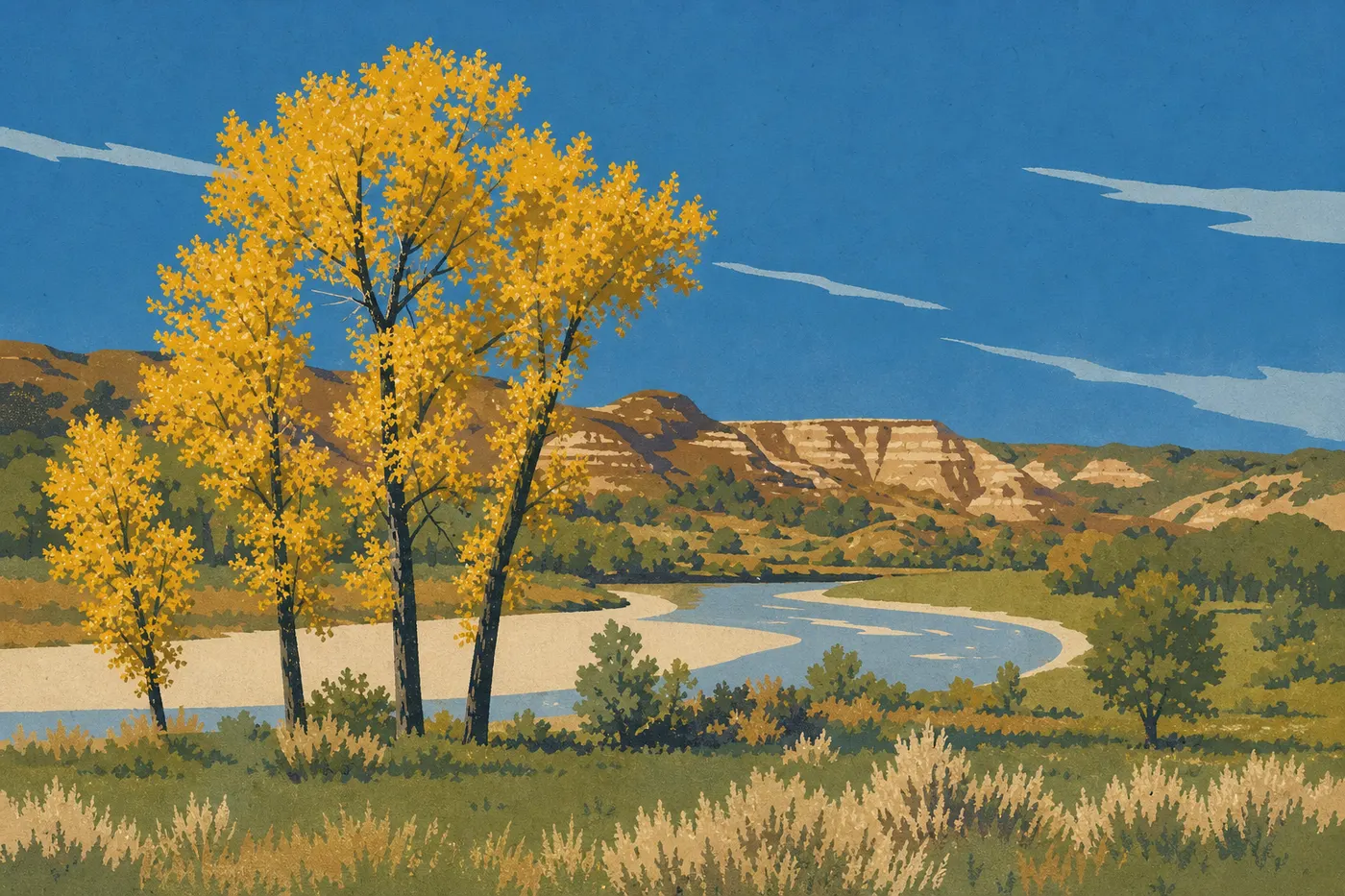 Illustration sérigraphiée : Les peupliers jaunes du Little Missouri contrastant avec les buttes ocre de l'Unité Nord en automne.