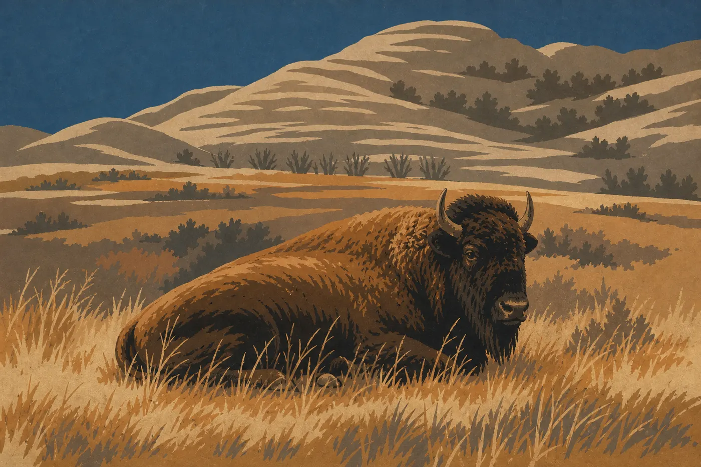 Illustration sérigraphiée : Un bison des plaines solitaire avançant parmi les buttes striées et les herbes sèches des Badlands.