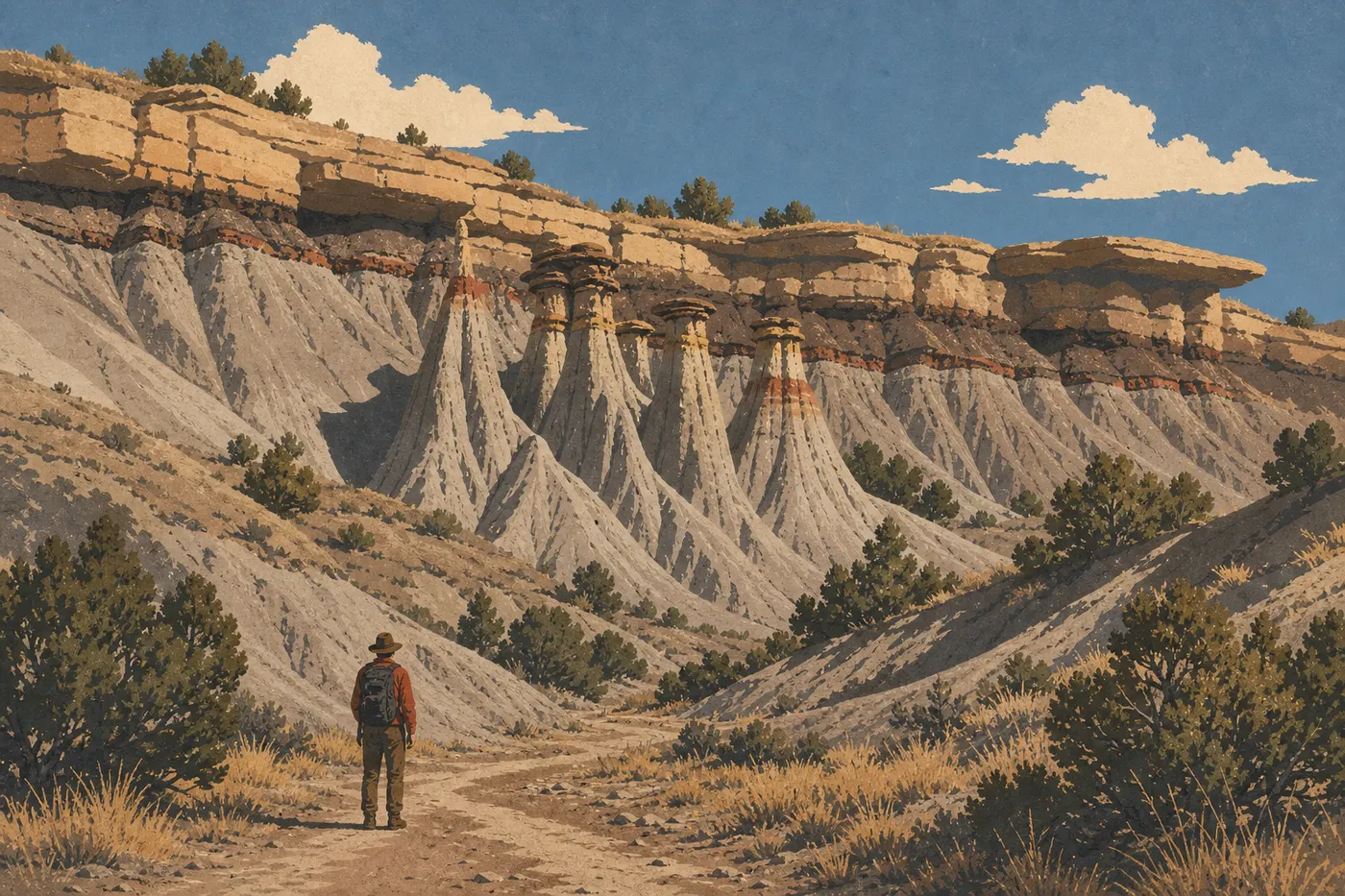 Illustration sérigraphiée : Un randonneur sur Caprock Coulee Trail face aux cheminées d'argile et corniches rocheuses de l'Unité Nord.