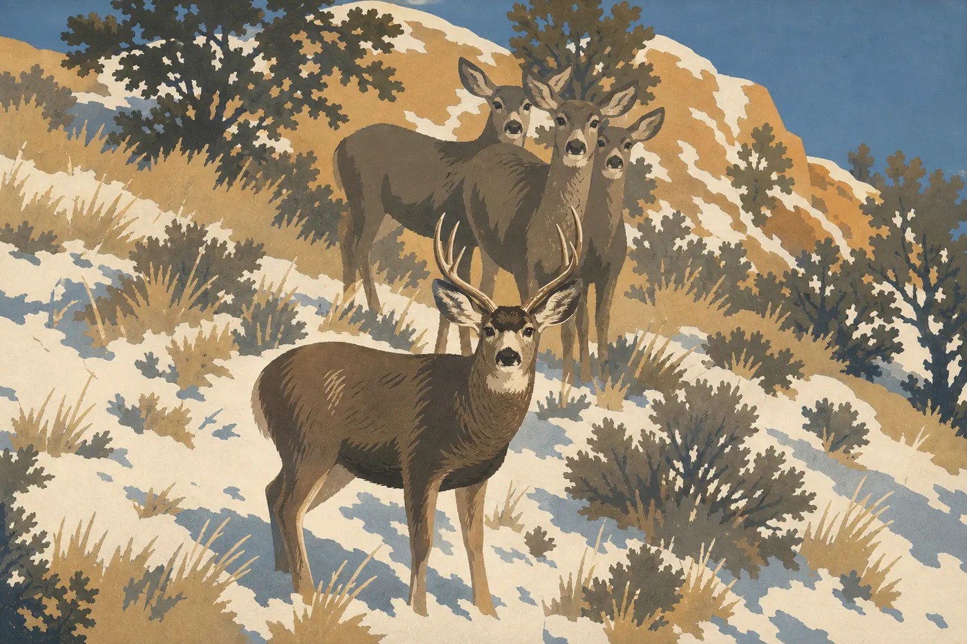 Illustration sérigraphiée : Un cerf mulet aux grandes oreilles immobile parmi les genévriers d'un ravin des Badlands.