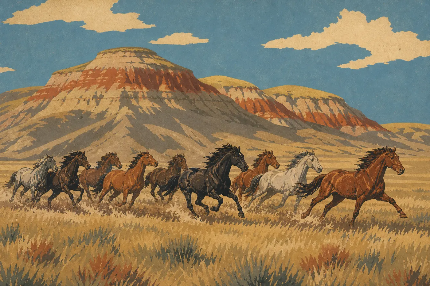 Illustration sérigraphiée : Un groupe de chevaux sauvages galopant dans la prairie rase sous les buttes de l'Unité Sud.
