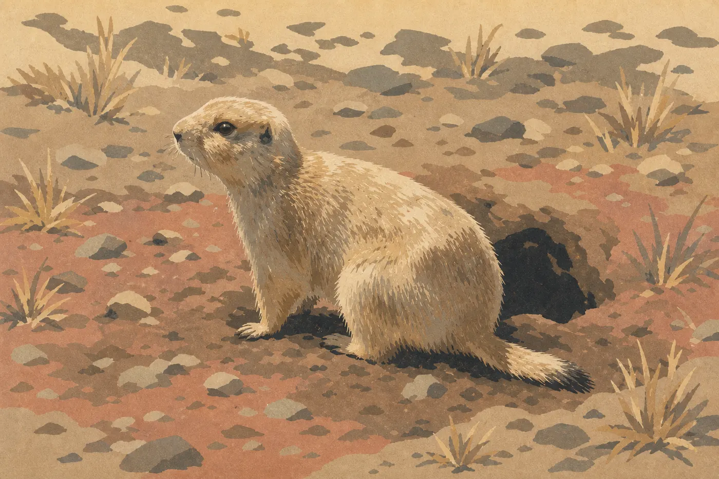 Illustration sérigraphiée : Un chien de prairie à queue noire dressé devant son terrier à Beef Corral Bottom.