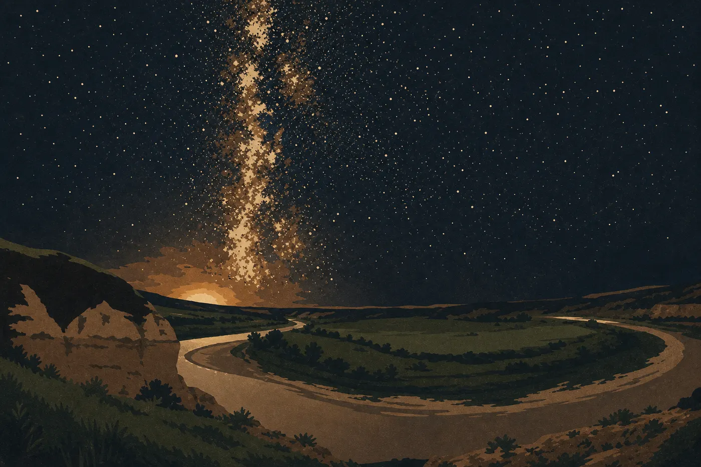 Illustration sérigraphiée : La Voie lactée arquée au-dessus des silhouettes rocheuses de Painted Canyon par une nuit parfaitement noire.