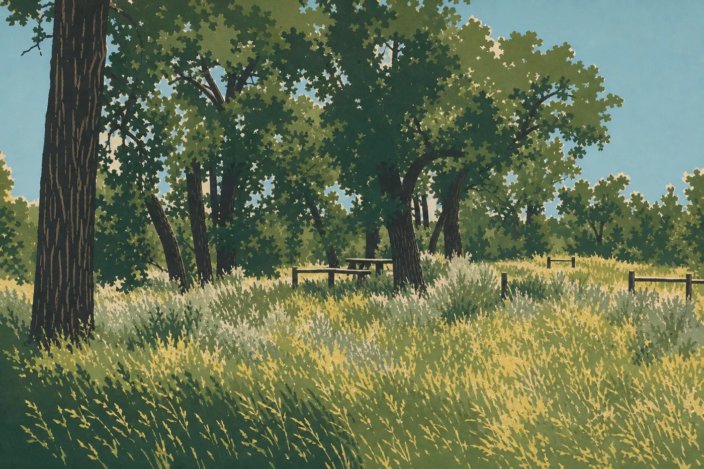 Illustration sérigraphiée : Une table de pique-nique ombragée par les peupliers de Cottonwood Picnic Area près de la rivière.