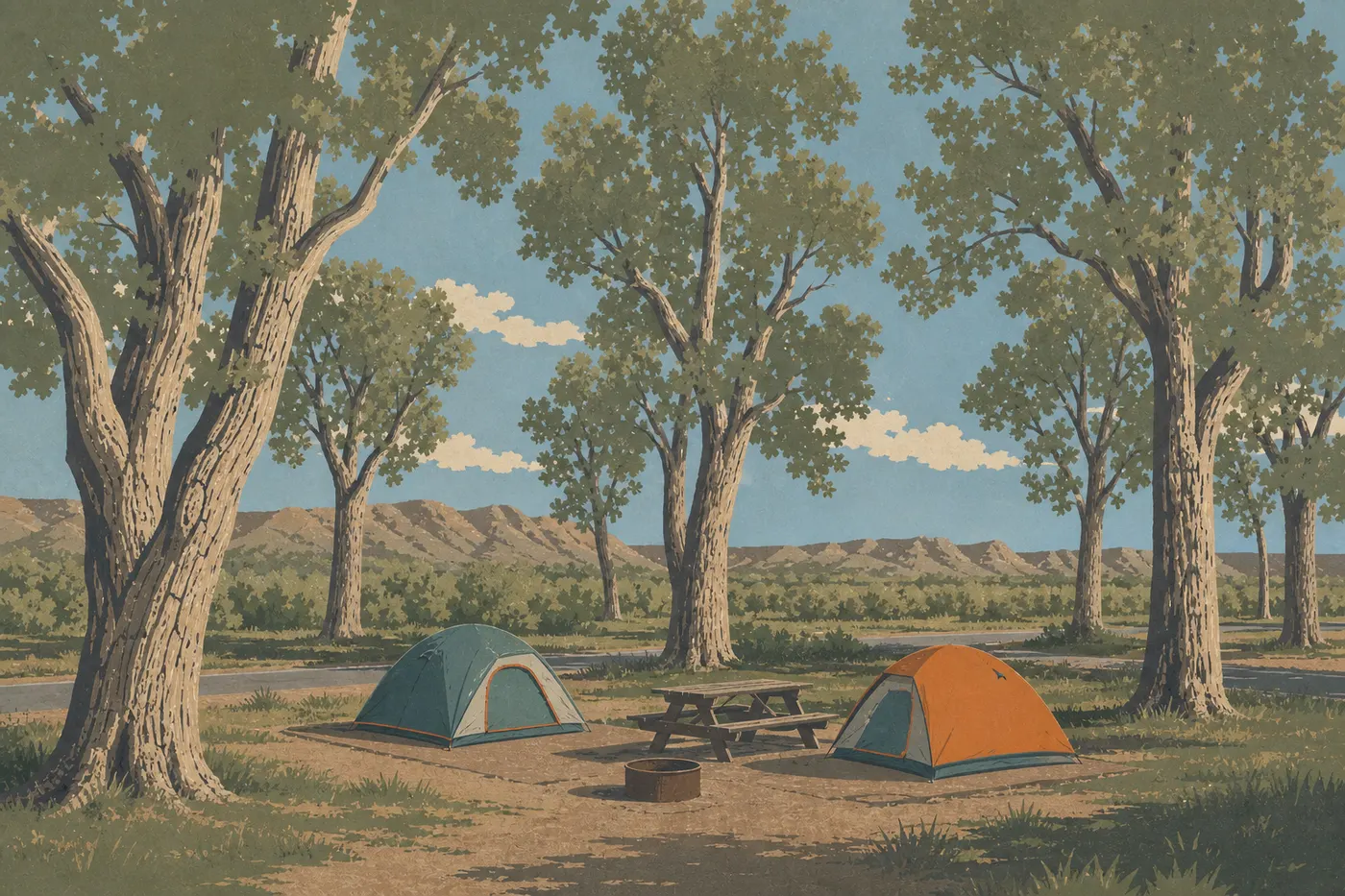 Illustration sérigraphiée : Des tentes sous les peupliers du Cottonwood Campground près du Little Missouri dans l'Unité Sud.