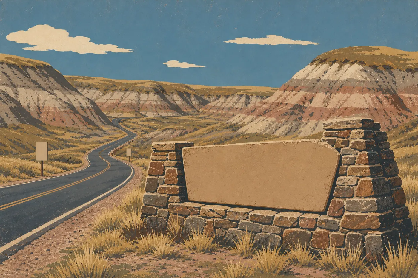 Illustration sérigraphiée : Le panneau d'entrée de l'Unité Sud à Medora avec la route plongeant vers les Badlands.