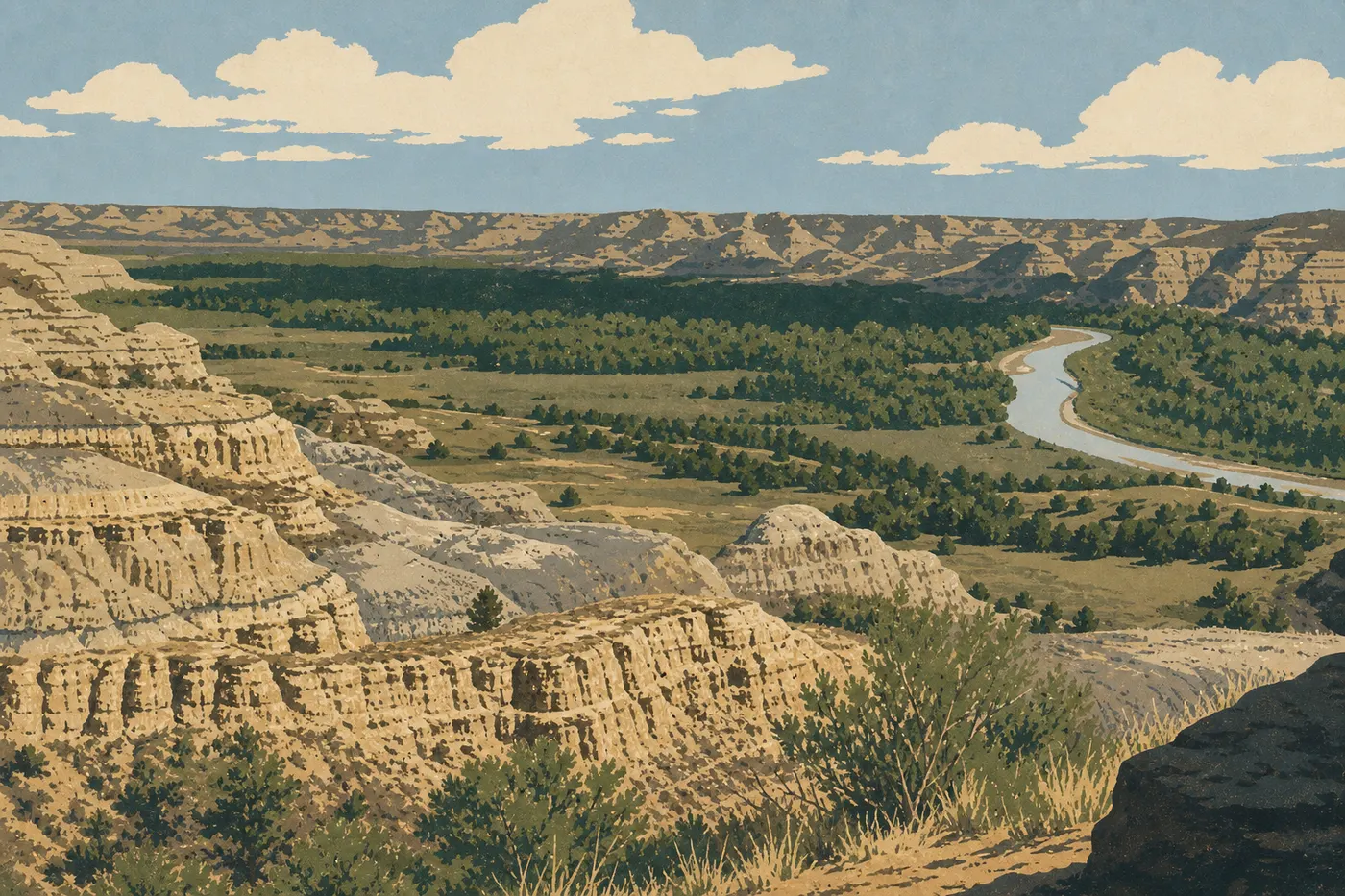 Illustration sérigraphiée : Les Badlands dorées de l'Unité Nord sous les grands nuages blancs d'un après-midi estival.
