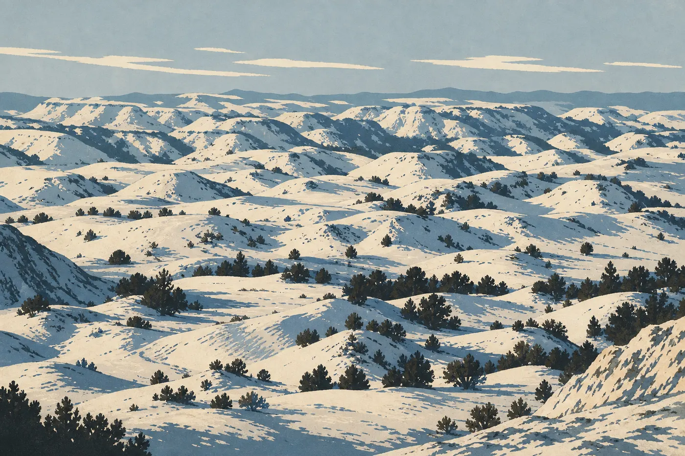 Illustration sérigraphiée : Les buttes de Painted Canyon couvertes de neige sous une lumière froide et un ciel hivernal pâle.