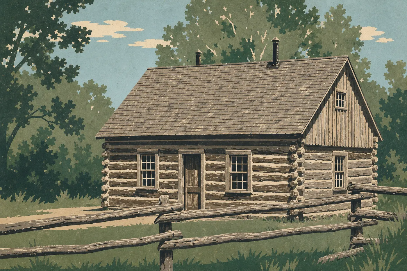 Illustration sérigraphiée : La cabane historique de Theodore Roosevelt derrière le South Unit Visitor Center aux portes de Medora.