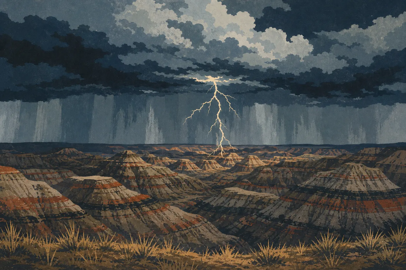 Illustration sérigraphiée : Un violent orage d'été et ses éclairs dominant les buttes sombres de Painted Canyon.