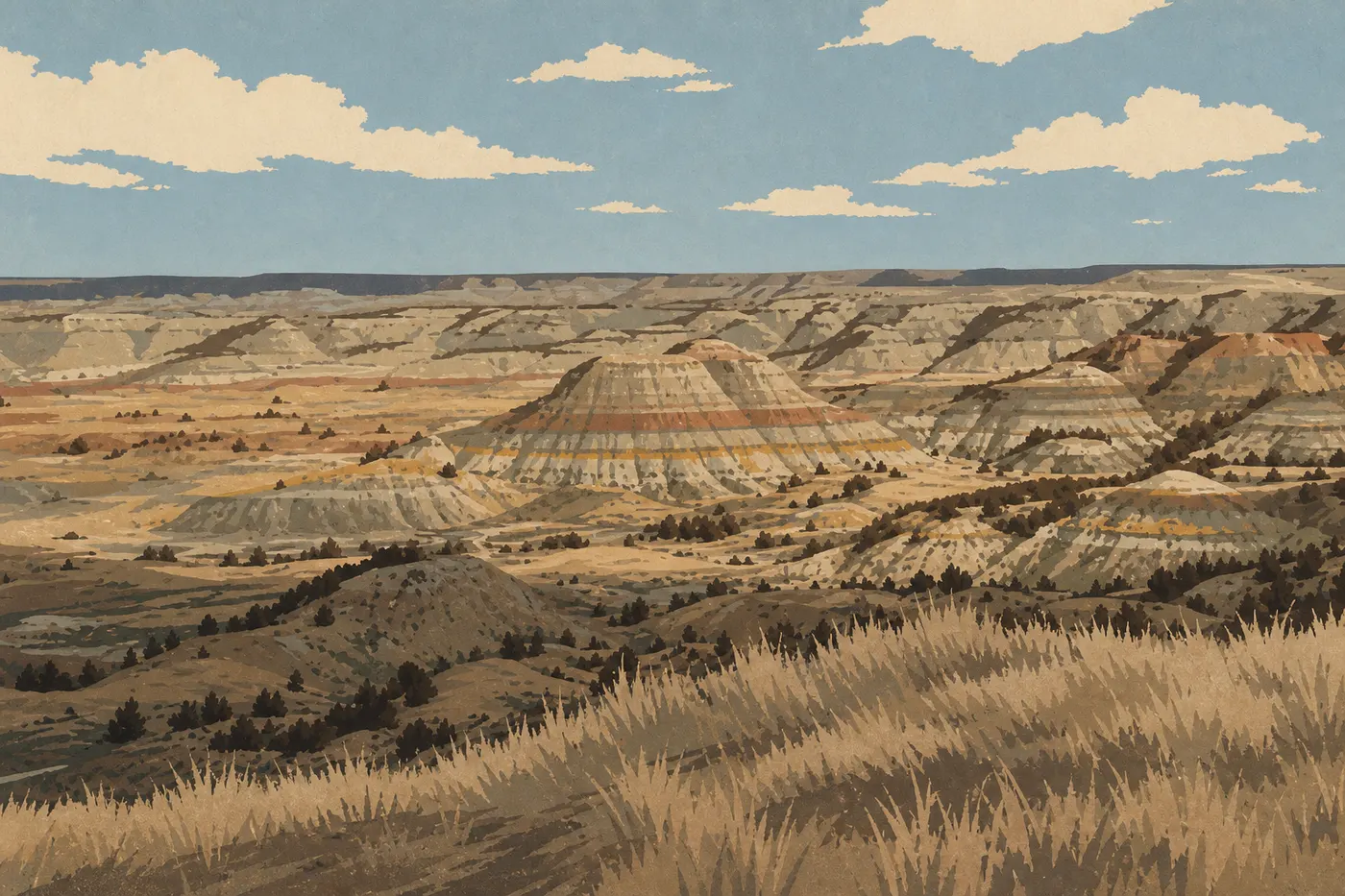 Illustration sérigraphiée : Le vaste amphithéâtre de buttes multicolores de Painted Canyon observé depuis le belvédère proche de l'I-94.