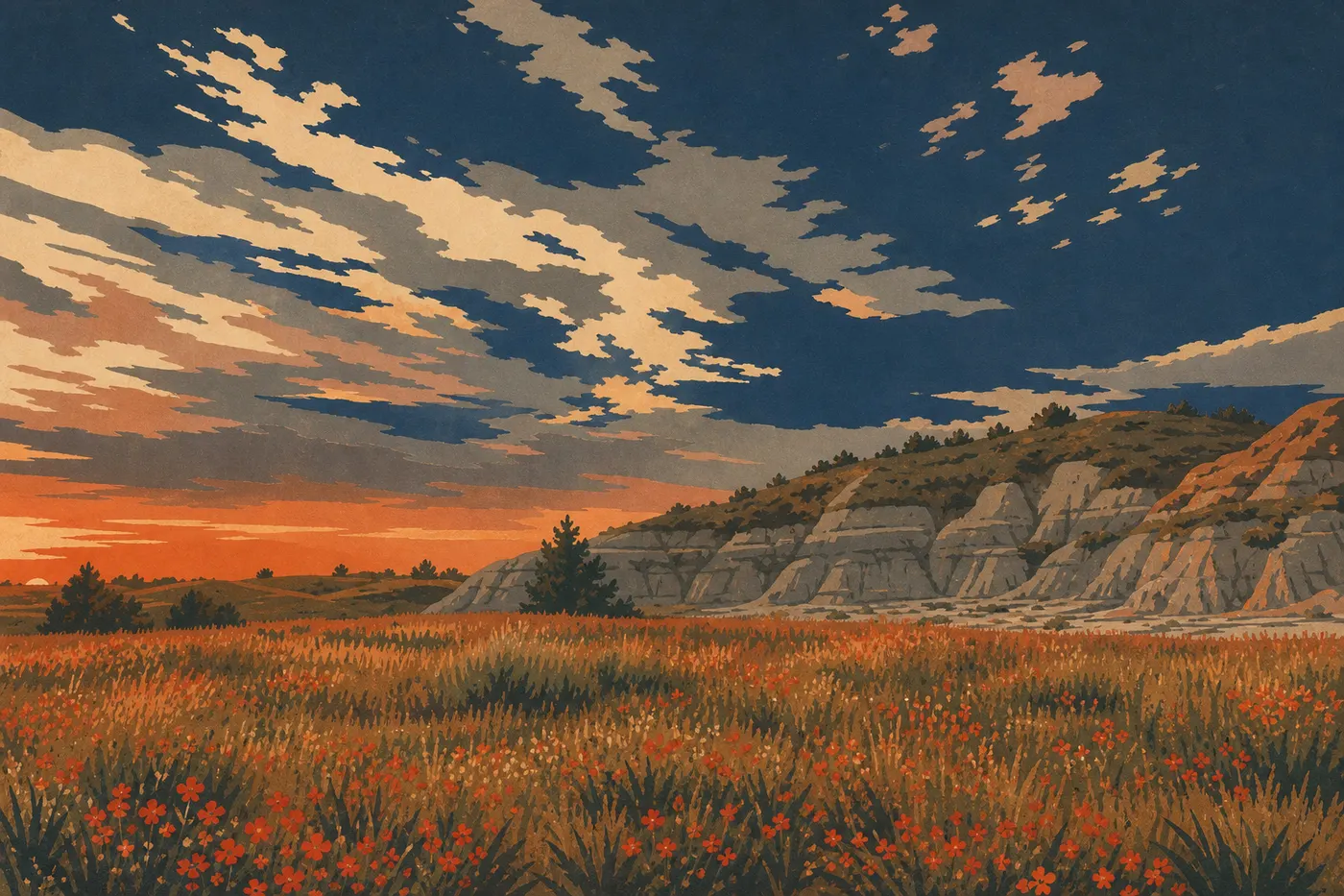 Illustration sérigraphiée : Des fleurs sauvages printanières colorant la prairie devant les reliefs striés de l'Unité Sud.