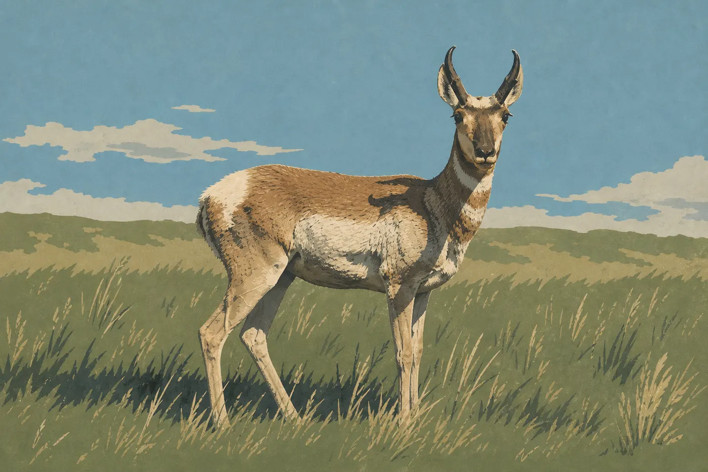 Illustration sérigraphiée : Un pronghorn élancé de profil dans les herbes courtes des Little Missouri Grasslands bordant le parc.