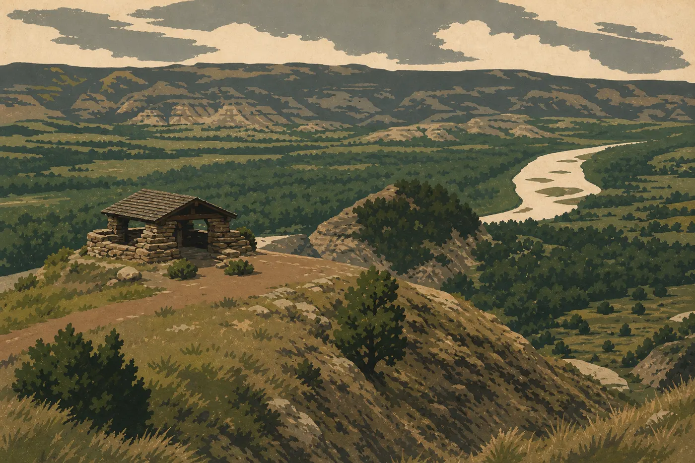 Illustration sérigraphiée : L'abri de pierre du River Bend Overlook ouvert sur les Badlands sauvages de l'Unité Nord.