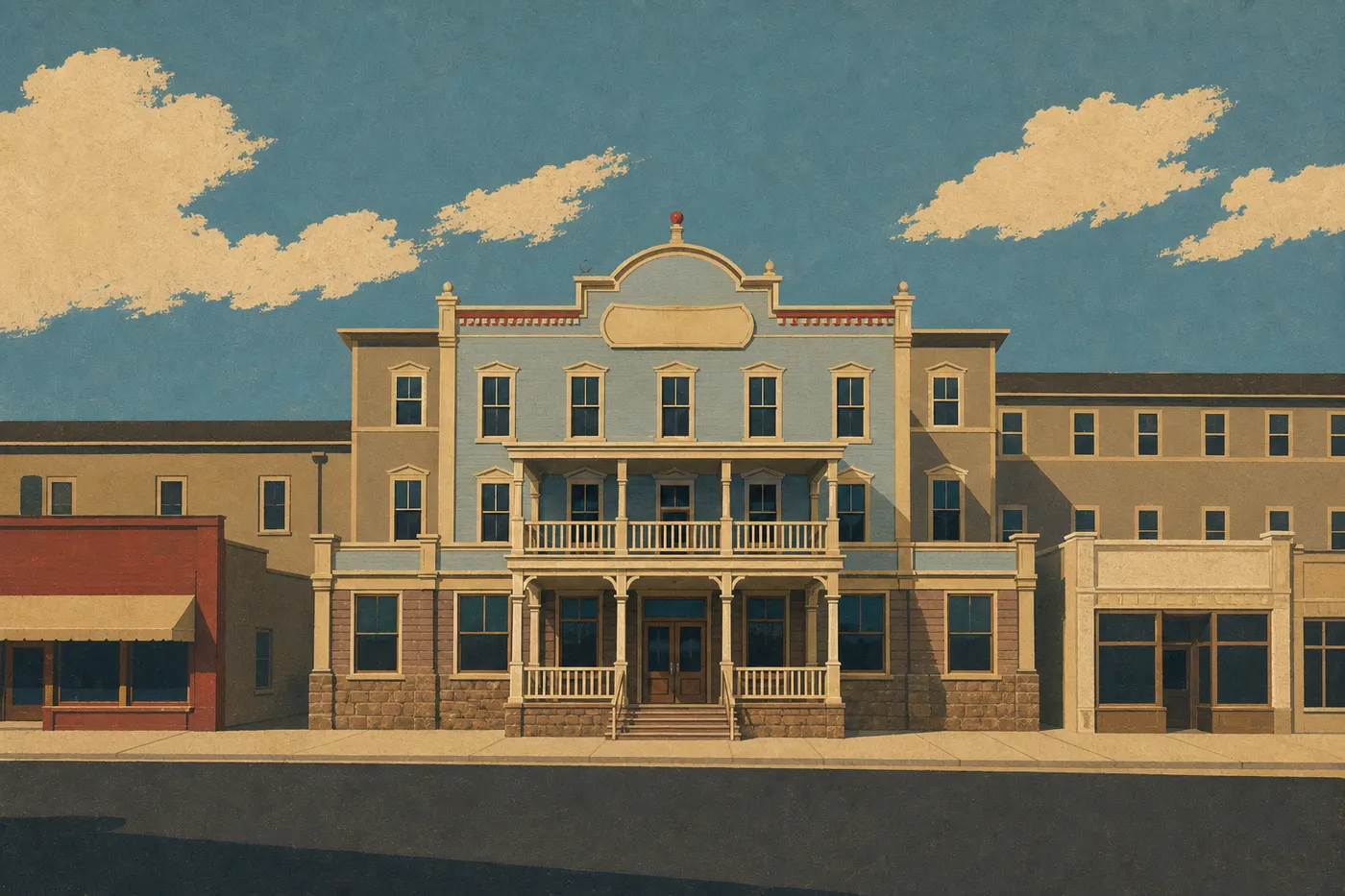 Illustration sérigraphiée : La façade historique du Rough Riders Hotel au centre de Medora, porte d'entrée de l'Unité Sud.