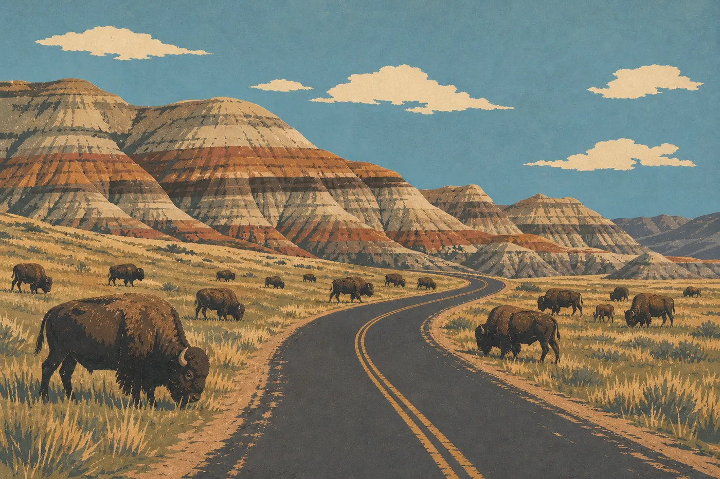 Illustration sérigraphiée : La Scenic Loop Drive serpentant entre prairie ouverte, buttes colorées et troupeaux de bisons de l'Unité Sud.