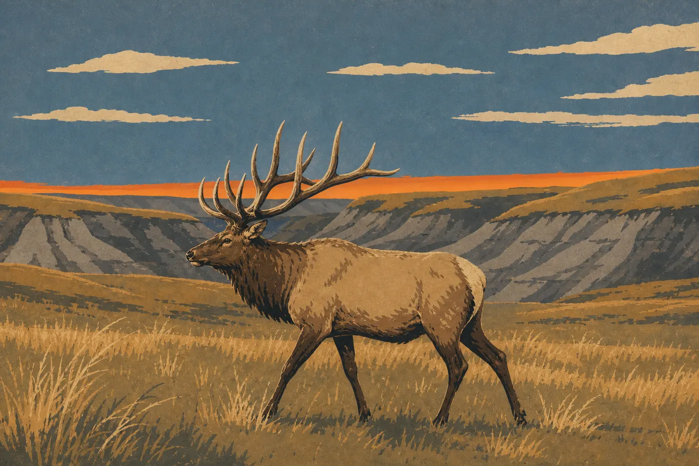 Illustration sérigraphiée : Un wapiti mâle au grand bois traversant les prairies ouvertes du secteur de Buck Hill à l'aube.