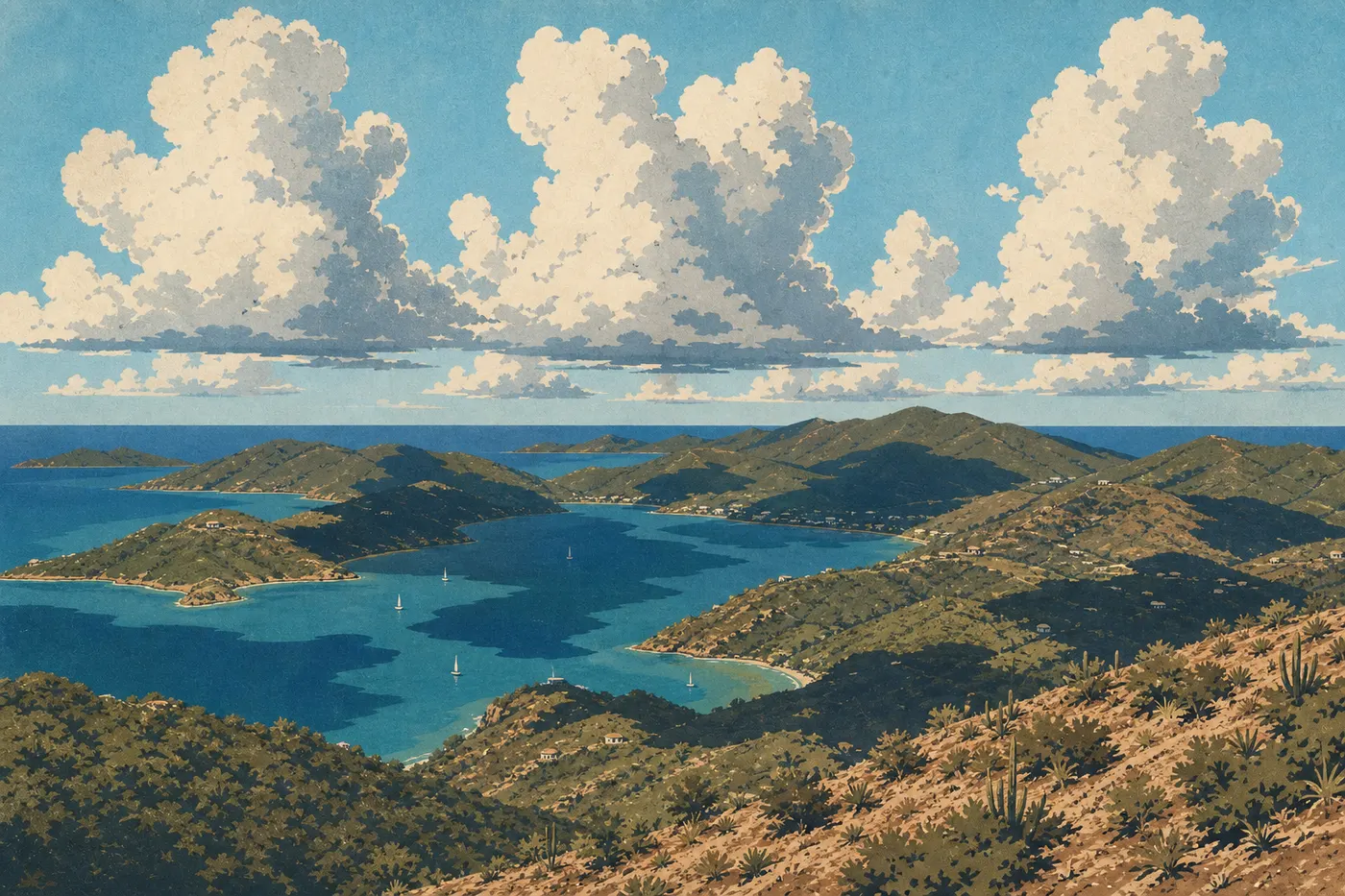 Illustration sérigraphiée : Des cumulus d’alizés projetant leurs ombres sur Coral Bay et les collines sèches de l’East End