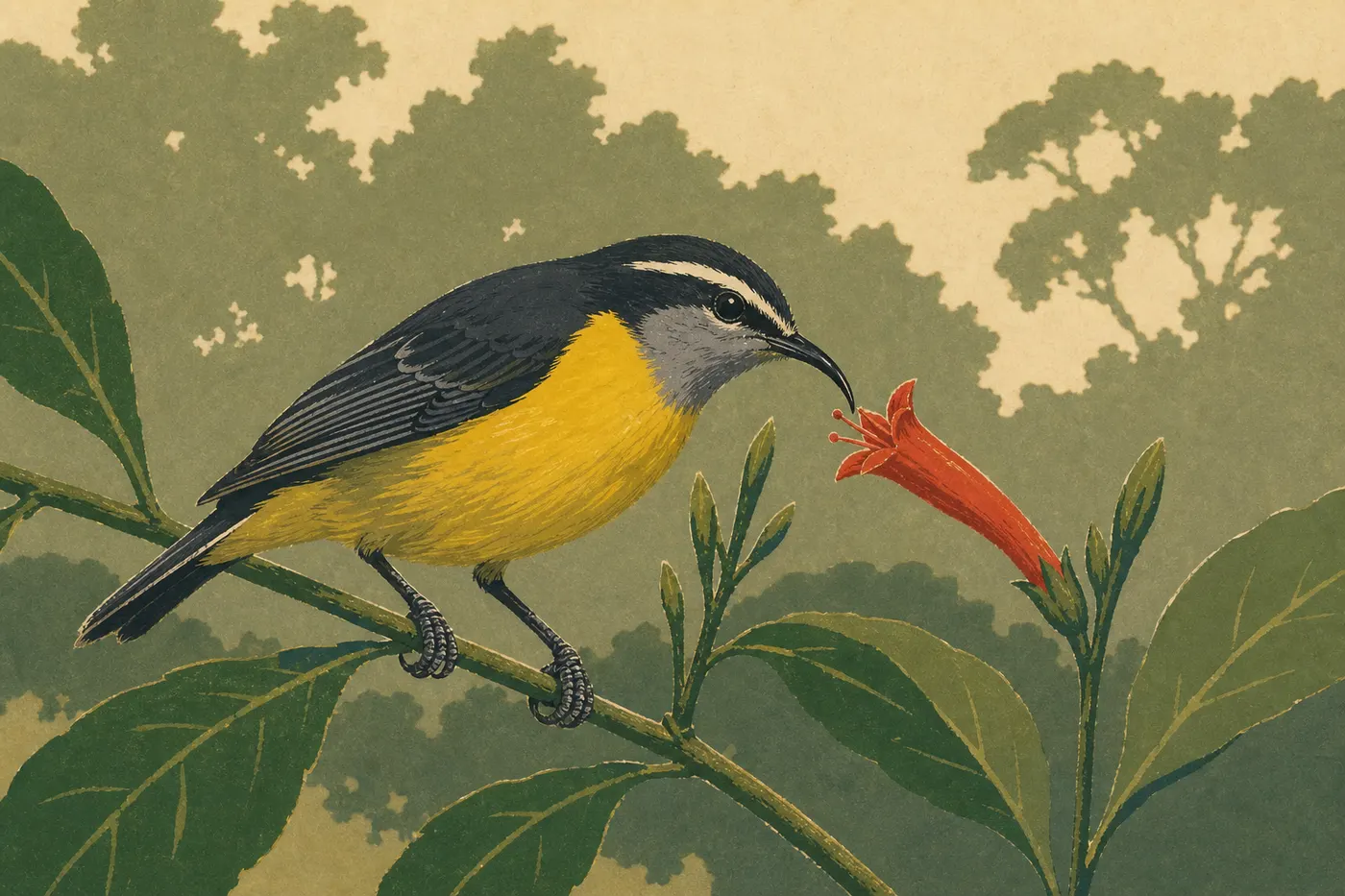 Illustration sérigraphiée : Un bananaverdier jaune et noir posé sur une fleur tropicale du parc national