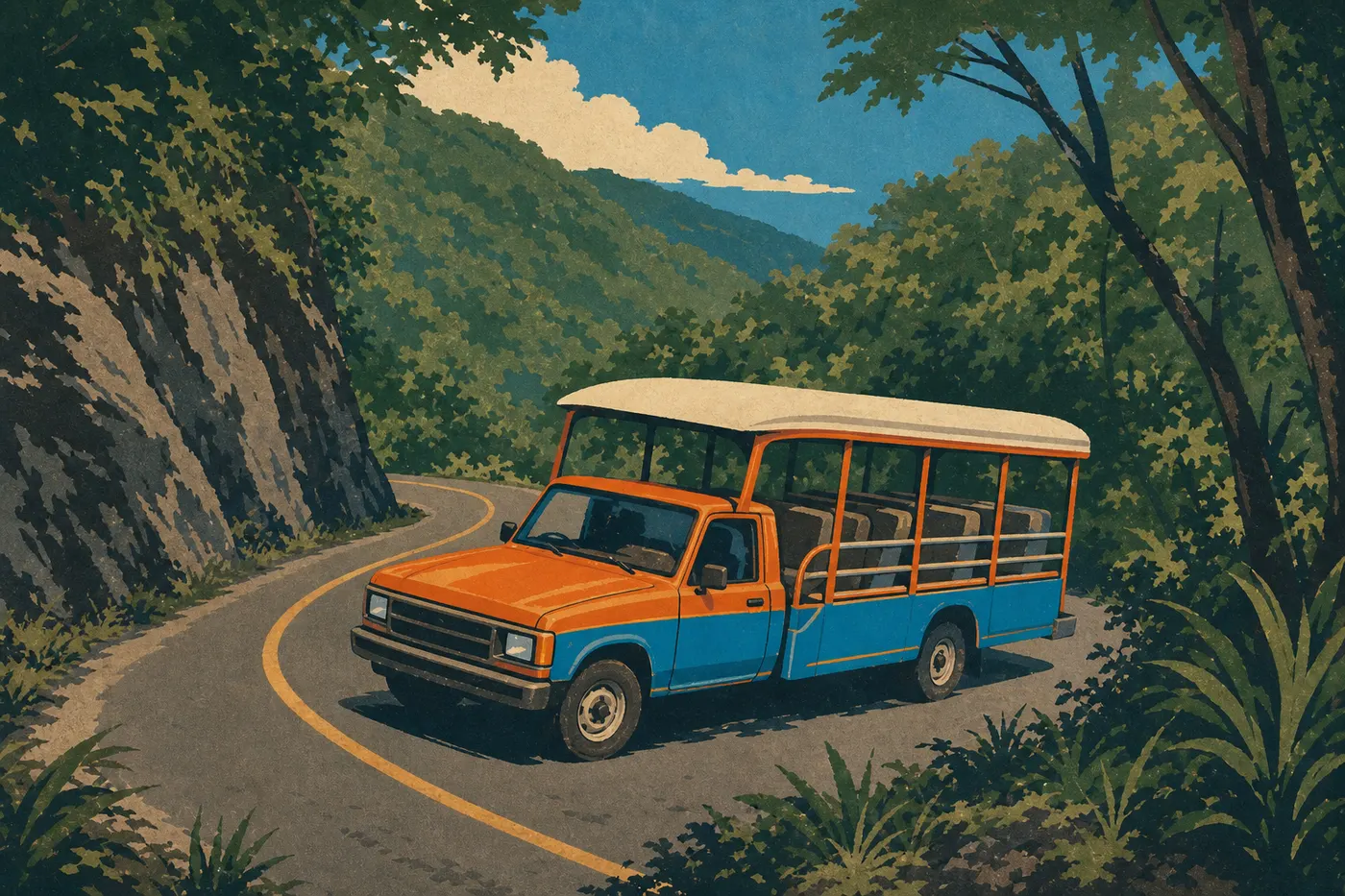 Illustration sérigraphiée : Un taxi safari coloré négociant un virage de Centerline Road au cœur des collines tropicales