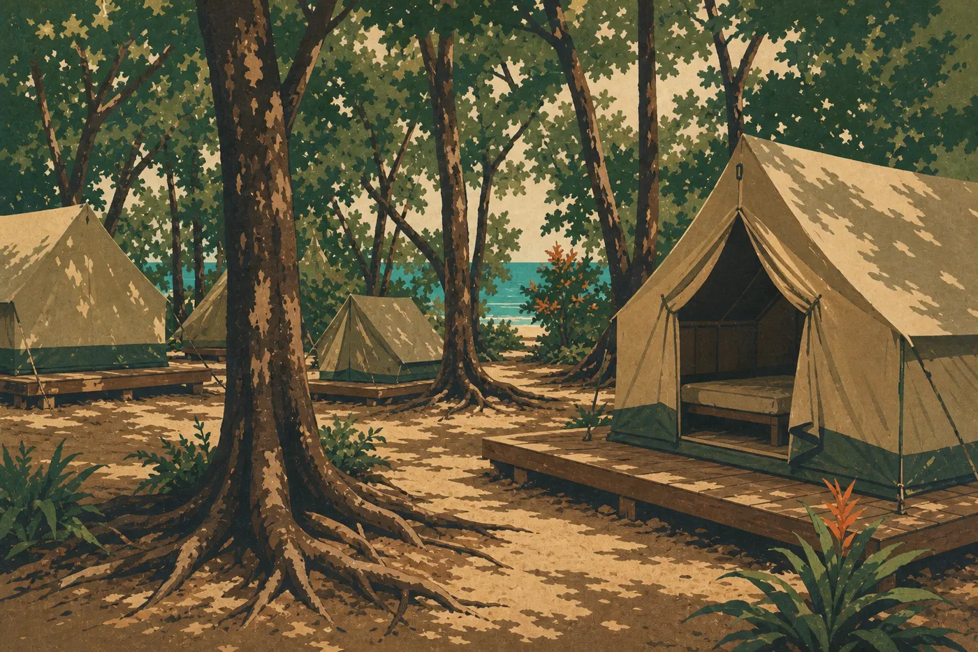Illustration sérigraphiée : Des tentes et plateformes du Cinnamon Bay Campground sous les arbres derrière la plage