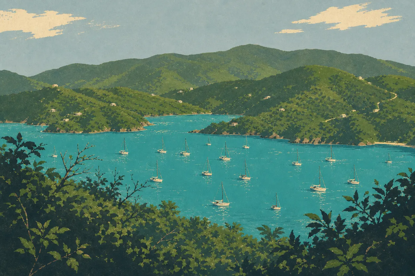 Illustration sérigraphiée : Coral Bay et ses voiliers dispersés vus depuis les hauteurs verdoyantes de l’East End